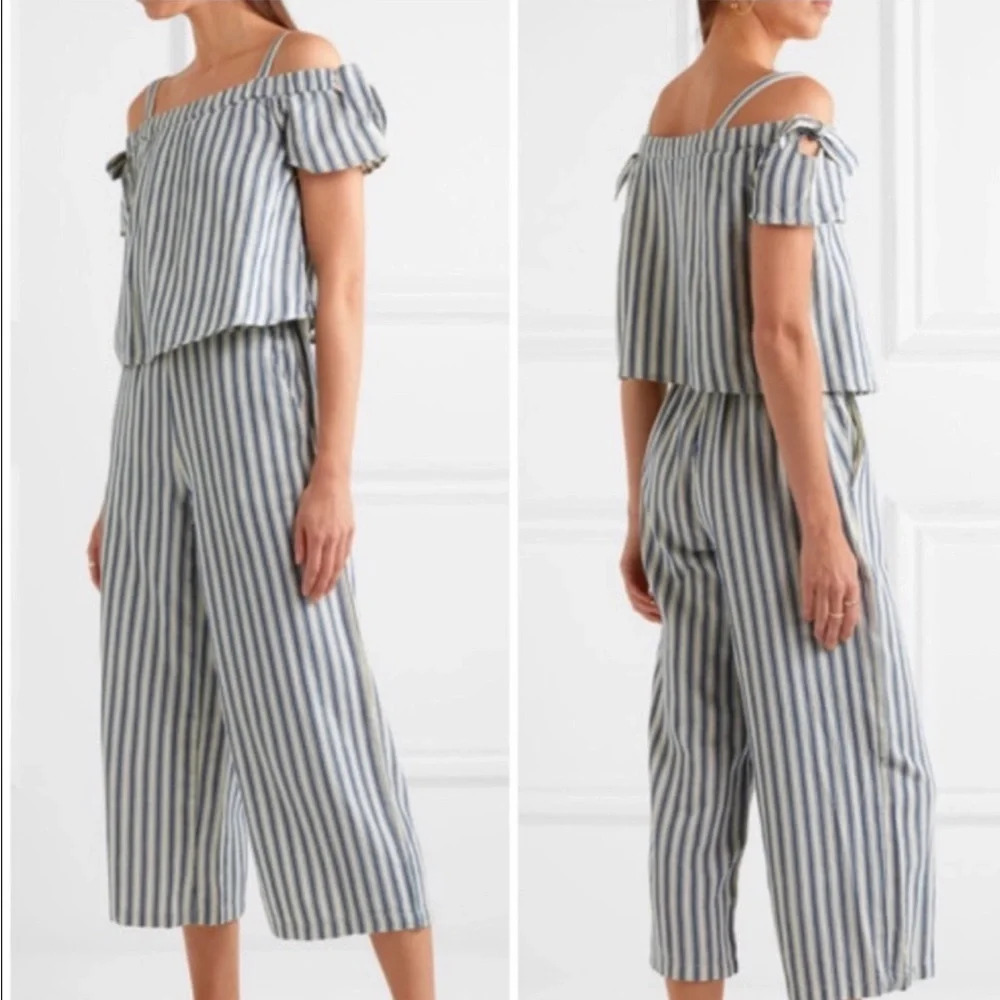 Madewell Linen Striped Nautical Off The Shoulder Flounce Cropped Jumpsuit C